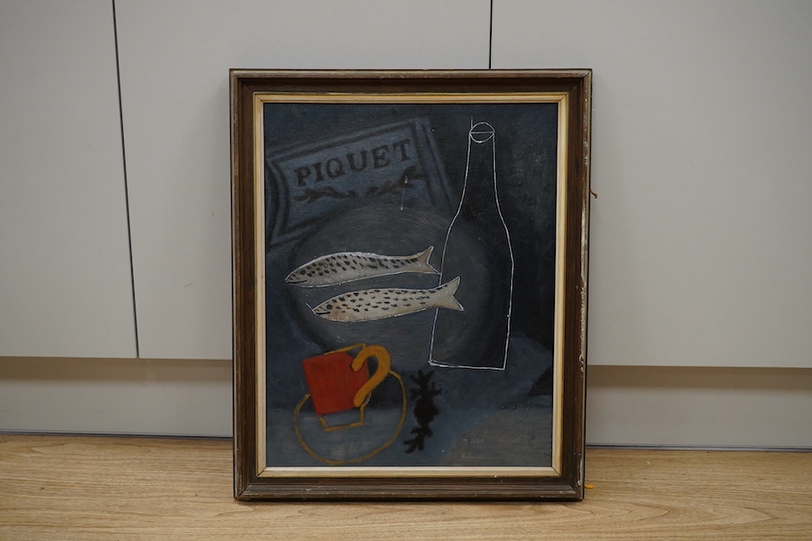 A decorative oil on board, Still life of vessels and fish, 49 x 39cm. Condition - good